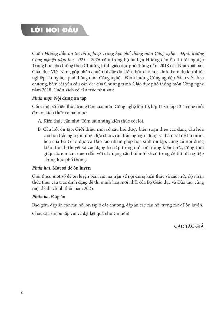 HƯỚNG DẪN ÔN THI TỐT NGHIỆP THPT MÔN CÔNG NGHỆ - ĐỊNH HƯỚNG CÔNG NGHIỆP (Năm học: 2025 - 2026)